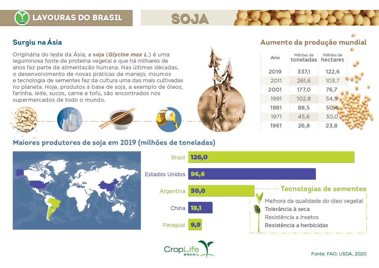 Infográfico mostrando as lavouras de soja no Brasil