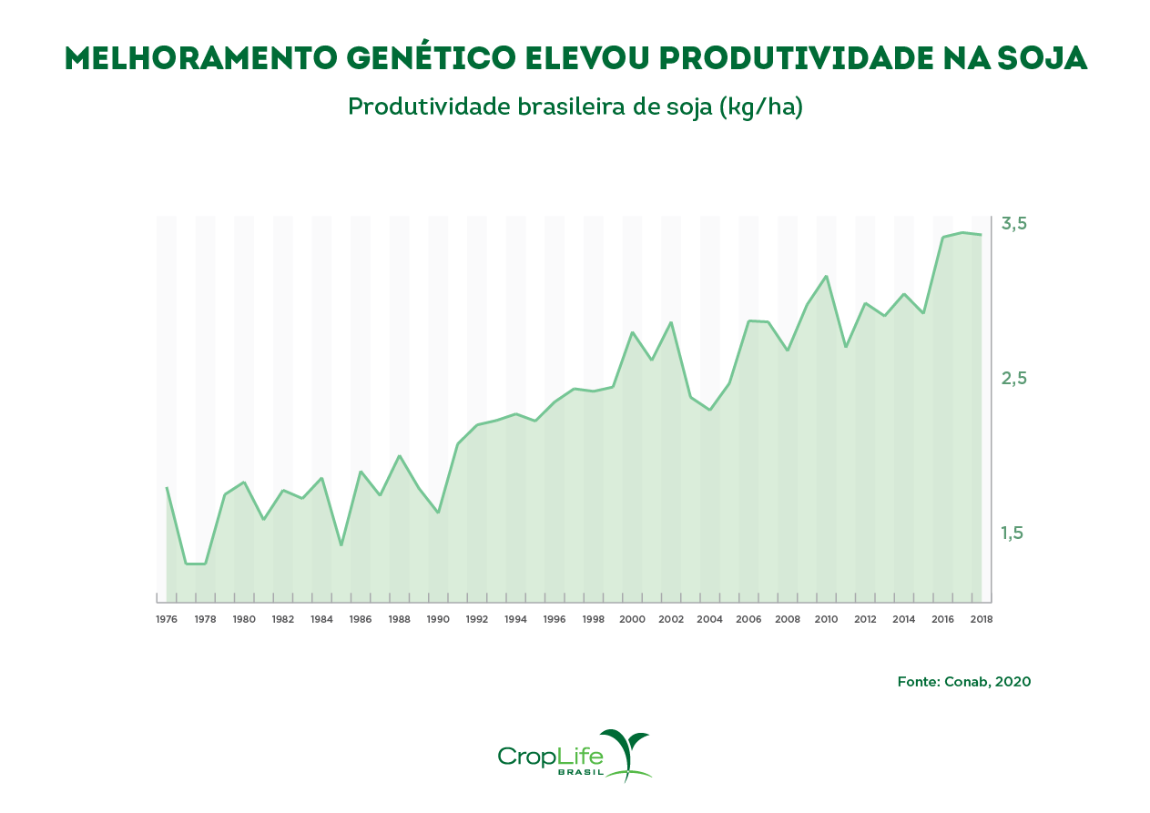 Gráfico do aumento da produtividade brasileira da soja transgênica
